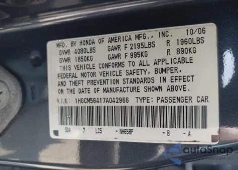 2007 Honda Accord 2.4 Lx z USA, uszkodzony, nr VIN 1HGCM56417A042966